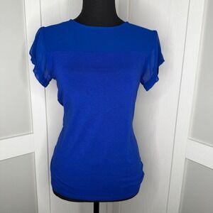 Express Mixed Media Top Womens Small Blue Sheer Chiffon Sleeve Knit Tee
